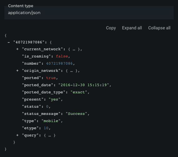 Example of API code for HLR Lookup response