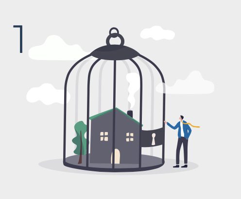 Illustration of a bird cage with a house inside