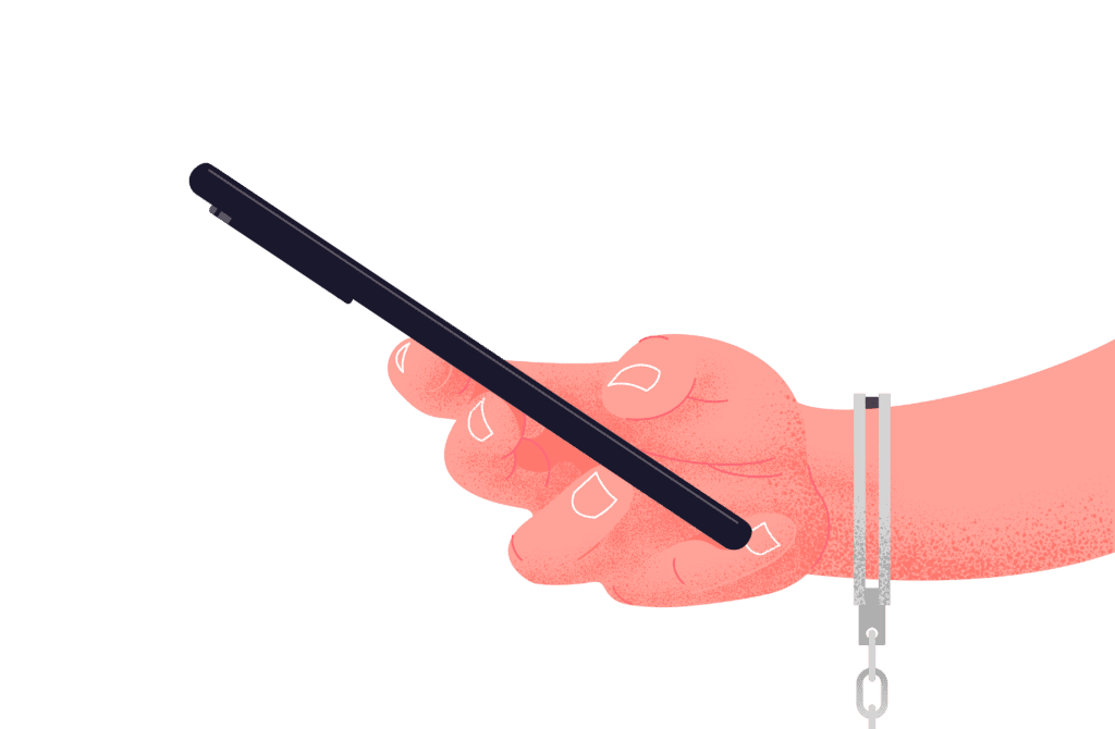 Illustration of a hand holding a mobile phone with handcuffs on